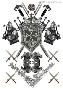 复古盔甲宝剑花纹CDR格式图片