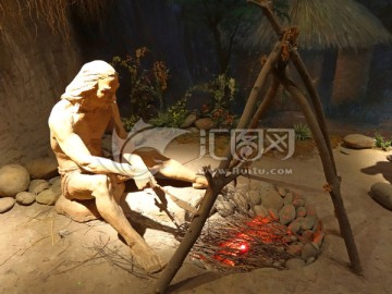 石器时代 烧火煮饭 古人雕塑