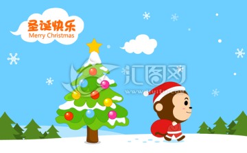 圣诞节猴子卡通插图海报