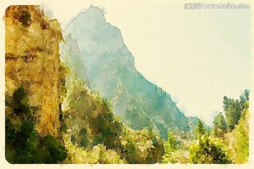 水彩风景 高原峡谷
