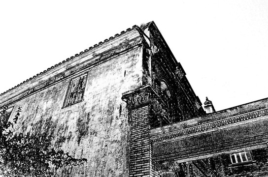 中西合璧建筑炭笔画