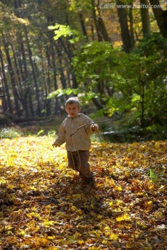 小男孩穿过森林