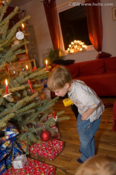 圣诞树下的小男孩