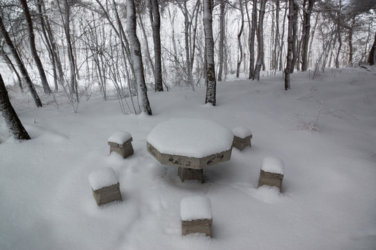 雪中石桌石凳