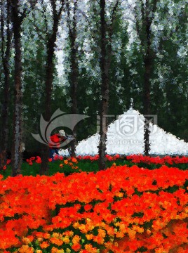 郁金香风景油画
