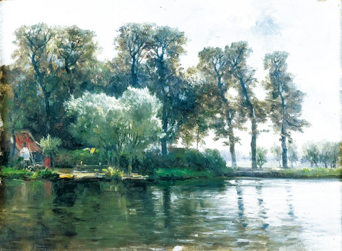 湖畔人家风景油画