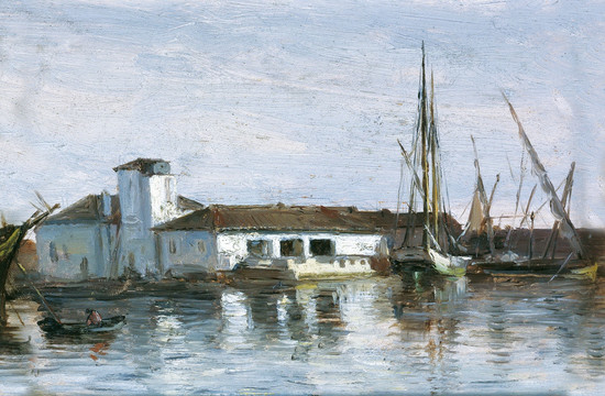 码头木船风景油画