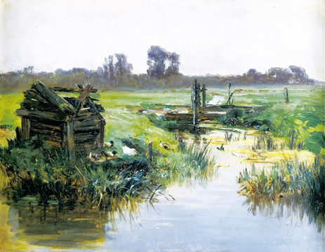 溪流风景油画