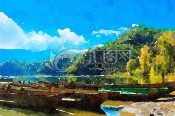 水彩风景画 泸沽湖