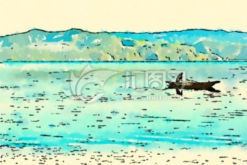 湖面小舟 淡彩装饰画
