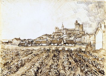 梵高素描 教堂和城墙