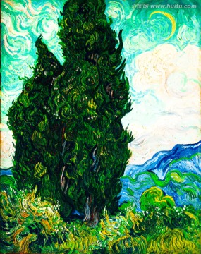 梵高风景画 两棵丝柏树