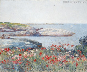 海边鲜花 风景油画