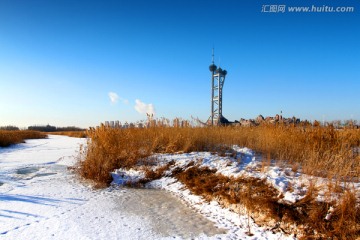 湿地 芦苇 冬天 观光塔 白雪