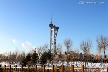 湿地 冬天 观光塔 白雪