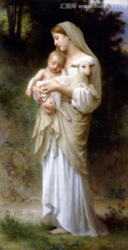 抱小孩子和羊的美女