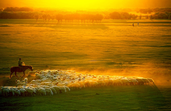 草原夕阳下骑马牧羊