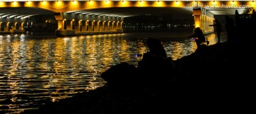 沿河夜景 苏州夜景 钓鱼 夜钓