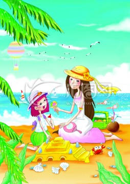 手绘海边插画杂志封面