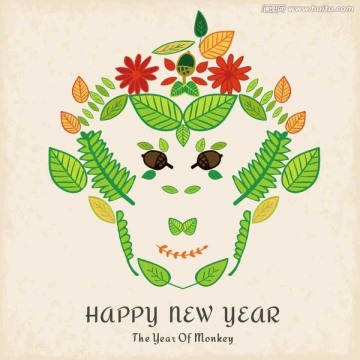 猴年海报 新年快乐 树叶拼图