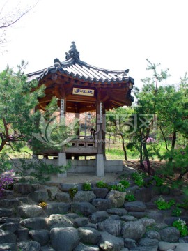 首尔南山公园小景 韩国传统木亭