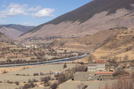 俯瞰河谷里的藏族村寨