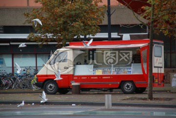 荷兰小城镇风情流动售货车和海鸥