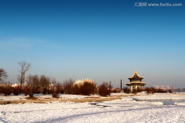 古建筑 石桥 凉亭 冰雪