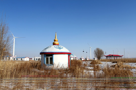 草原 蒙古包 冬季 蓝天 原野