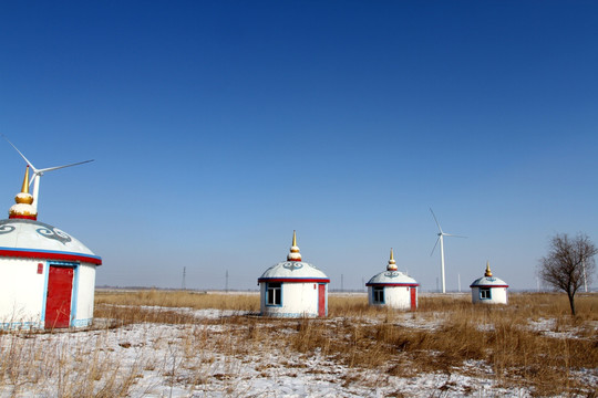 草原 蒙古包 冬季 蓝天 原野