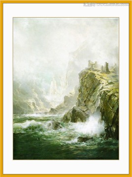 大海悬崖风景油画