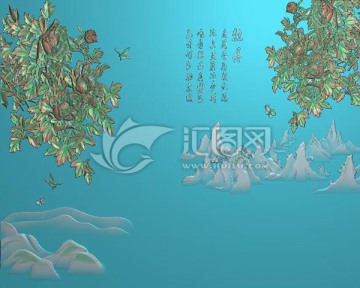 富贵牡丹山水 背景墙浮雕图