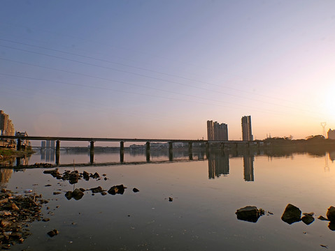 兰溪兰江铁路桥夕阳晚霞全景