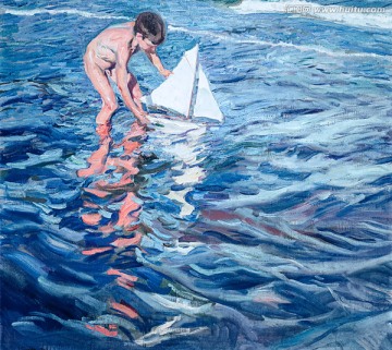 华金索罗拉 抽象小孩风景油画
