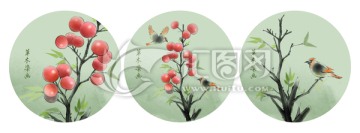 手绘红果花鸟装饰画 背景墙