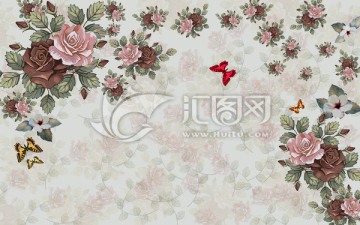 古典玫瑰花背景墙装饰画