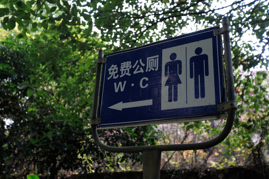 绿树背景下中文公共厕所指示牌