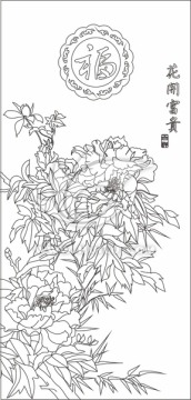 线描牡丹花开富贵单线图