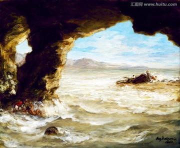 洞穴礁岩大海风景油画 高清品质