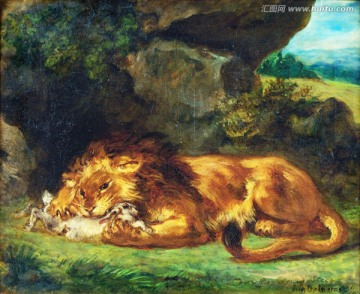 雄狮猎食动物油画 高清品质