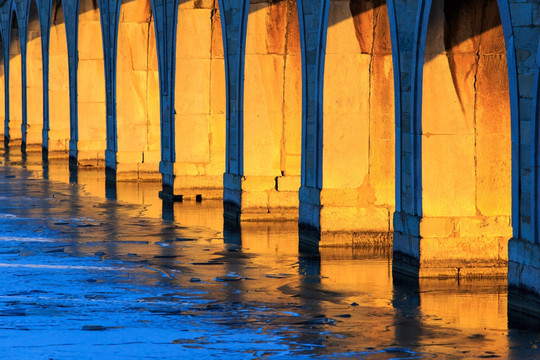 颐和园冬景十七孔桥桥洞夕阳阳光