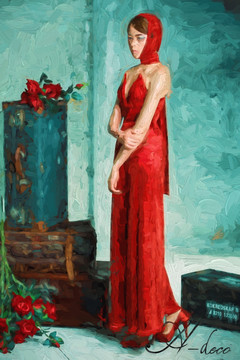 红衣女子油画