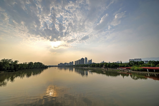 金华婺江城市夕阳晚霞全景