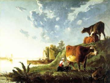 自然风景油画  挤牛奶
