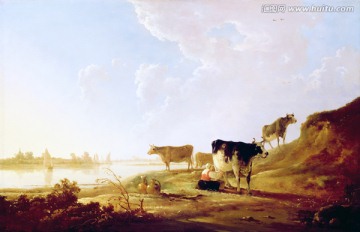 自然风景油画 牛