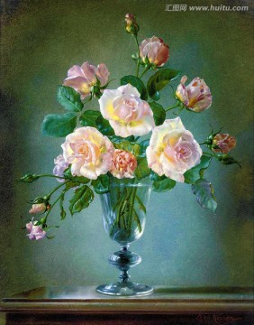 玻璃杯中的美丽玫瑰花静物油画