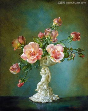 天使花瓶玫瑰花静物油画