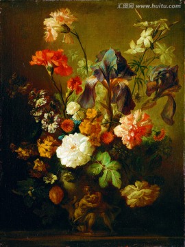 鲜花古瓮欧式复古怀旧静物油画