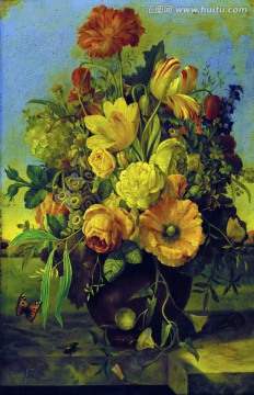 复古斑驳怀旧欧式静物花卉油画