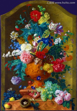 壁龛花瓶水果鲜花卉欧式静物油画